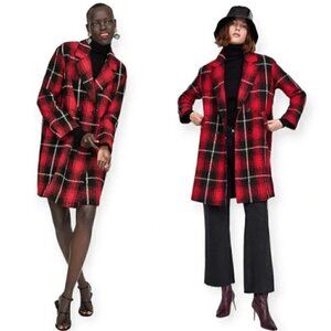 Zara  Plaid Winter Jacket Double Breasted Red Black Pea Coat Size XS